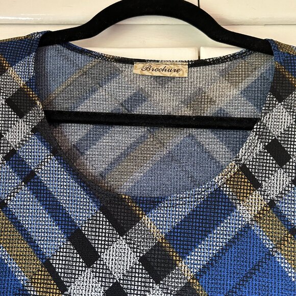 Blue Plaid Scoop Neck 3/4 Sleeve Top by Brochure-Size 1X - Picture 3 of 8